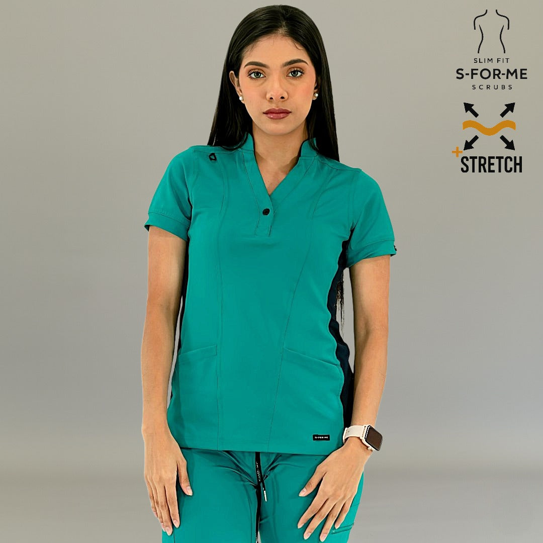 Close-up of Women's 930 Teal Green/Navy mandarin collar scrub top