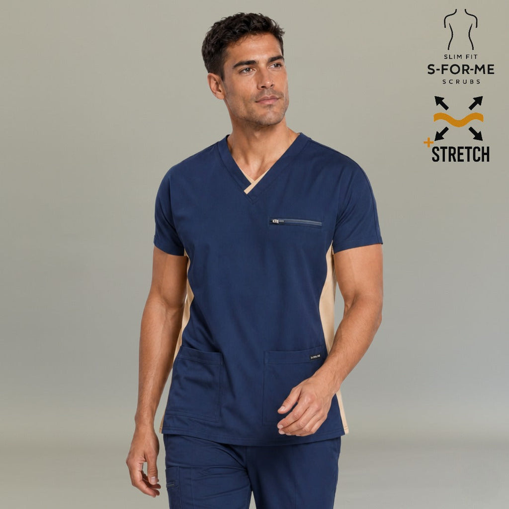 Men's Scrub Top 940 Navy/Beige Super Stretch