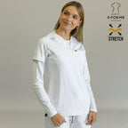 White women's scrub top model 915 — side profile, raglan sleeves, super stretch fabric