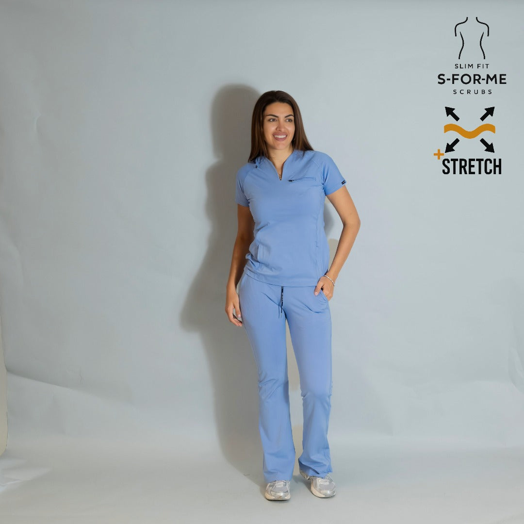 Women’s Top 915 Ceil Blue super stretch scrub set full body front view