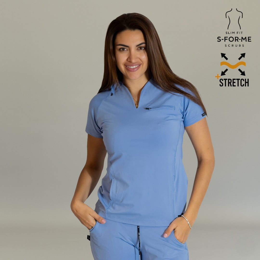 Women’s Top 915 Ceil Blue super stretch scrub top front view with V-neck and chest pocket