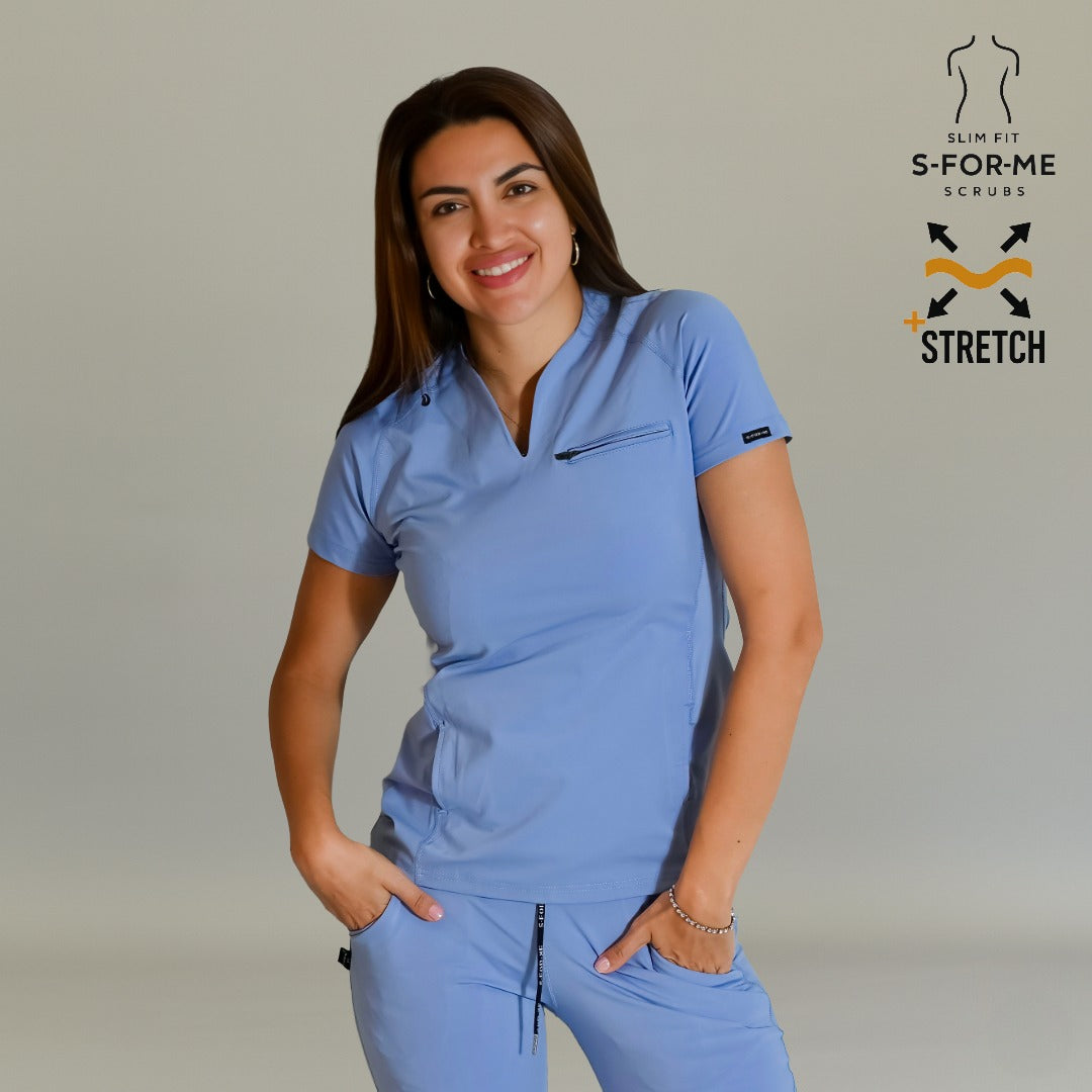Women’s Top 915 Ceil Blue scrub top slim fit front angle with short raglan sleeves
