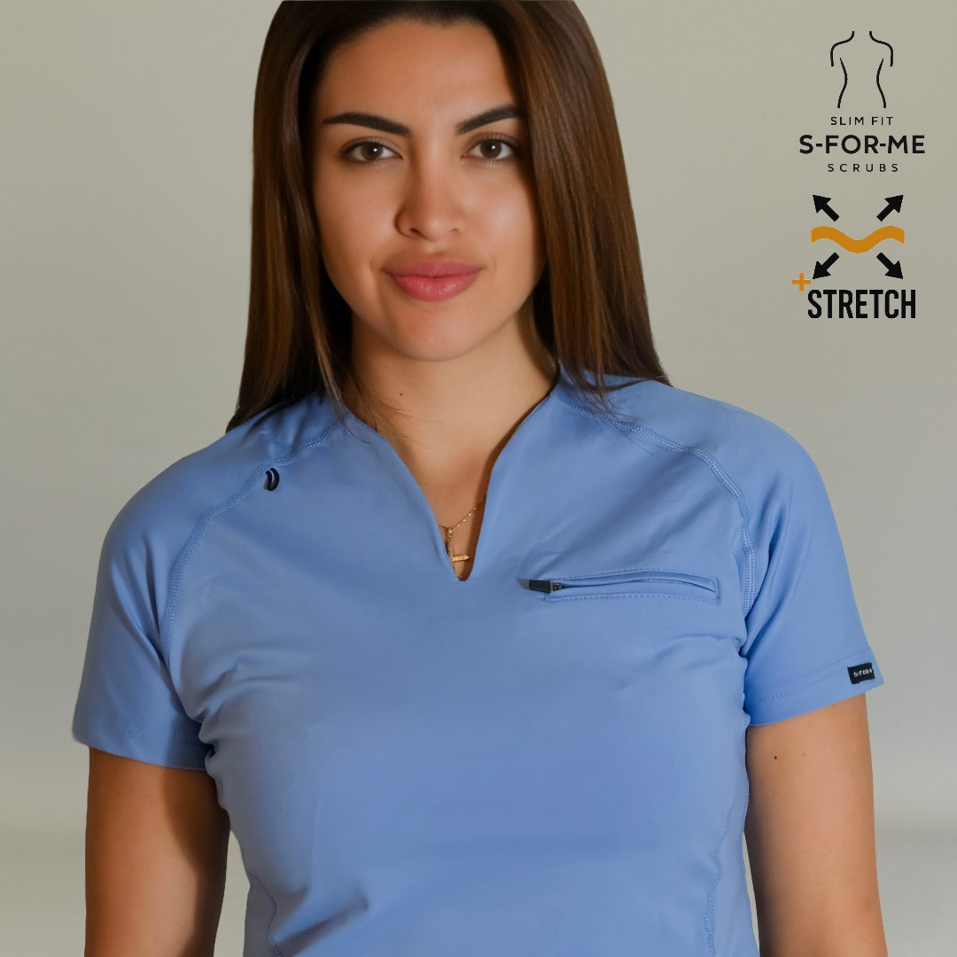 Women’s Top 915 Ceil Blue scrub top upper detail with V-neck and zipper chest pocket