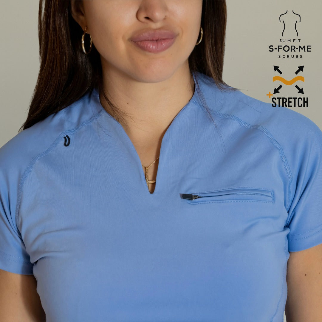 Women’s Top 915 Ceil Blue scrub top V-neck and zipper chest pocket detail