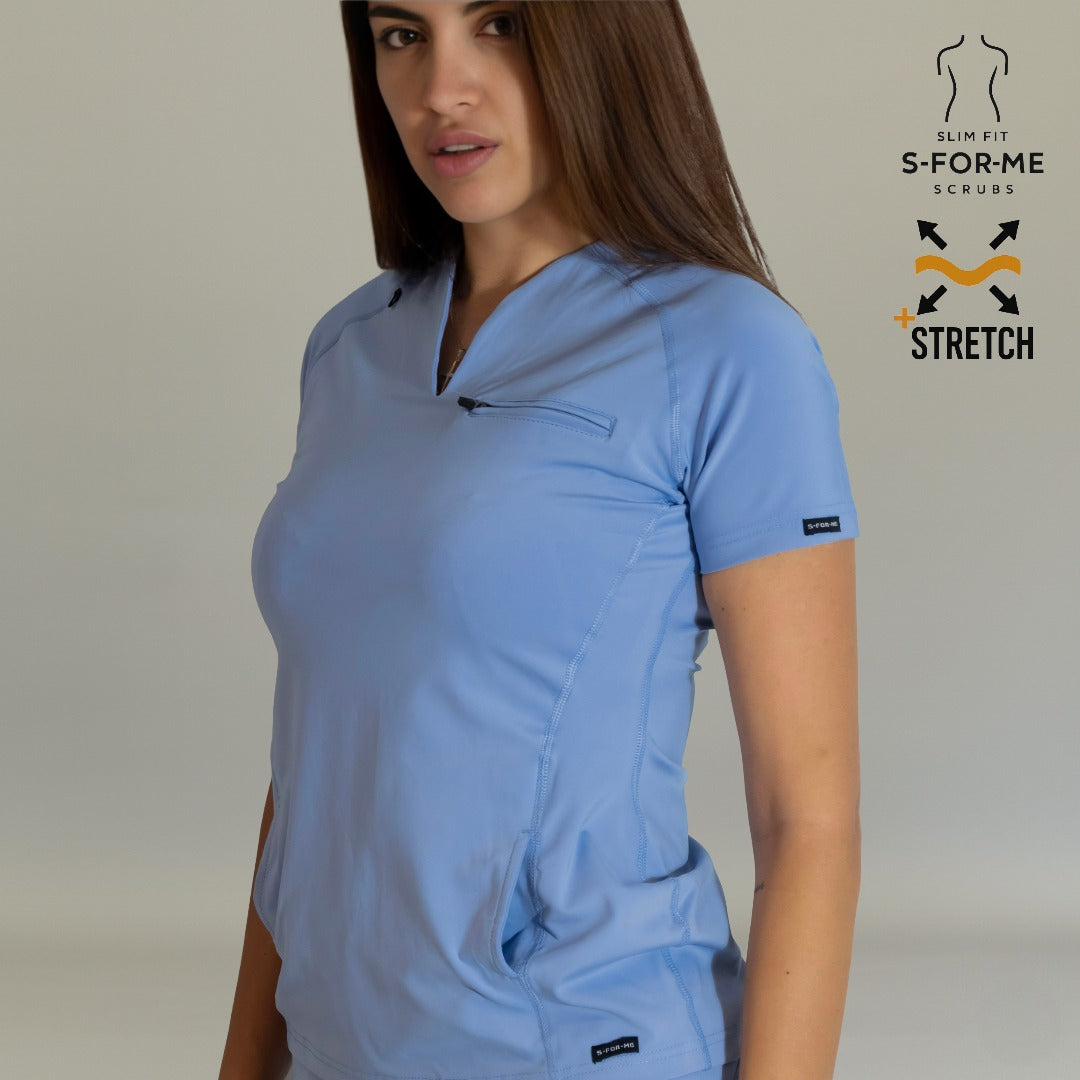 Women’s Top 915 Ceil Blue scrub top close-up showing V-neck zip chest pocket and side seams