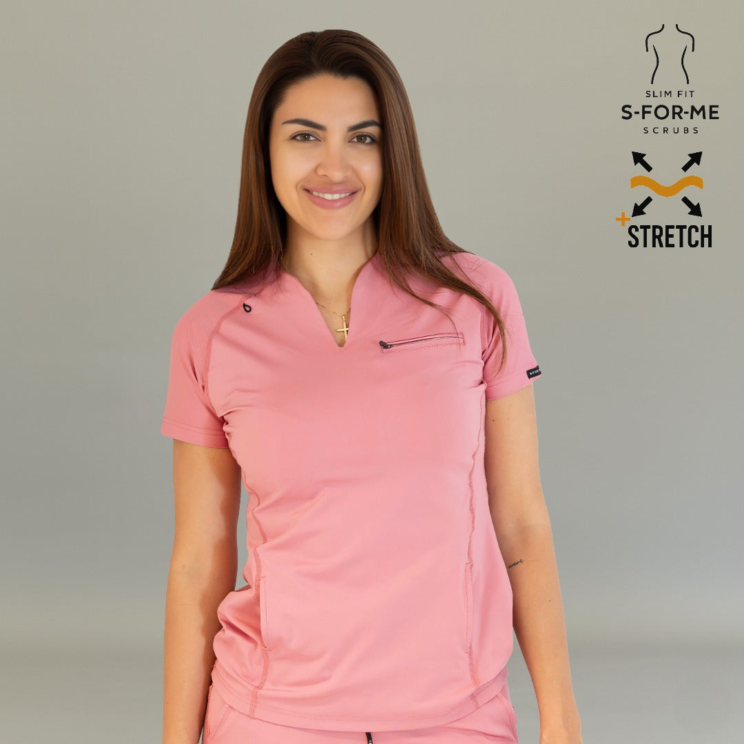 Straight front view of Women’s 915 Mauve Rose scrub top with V-neck and chest pocket detail