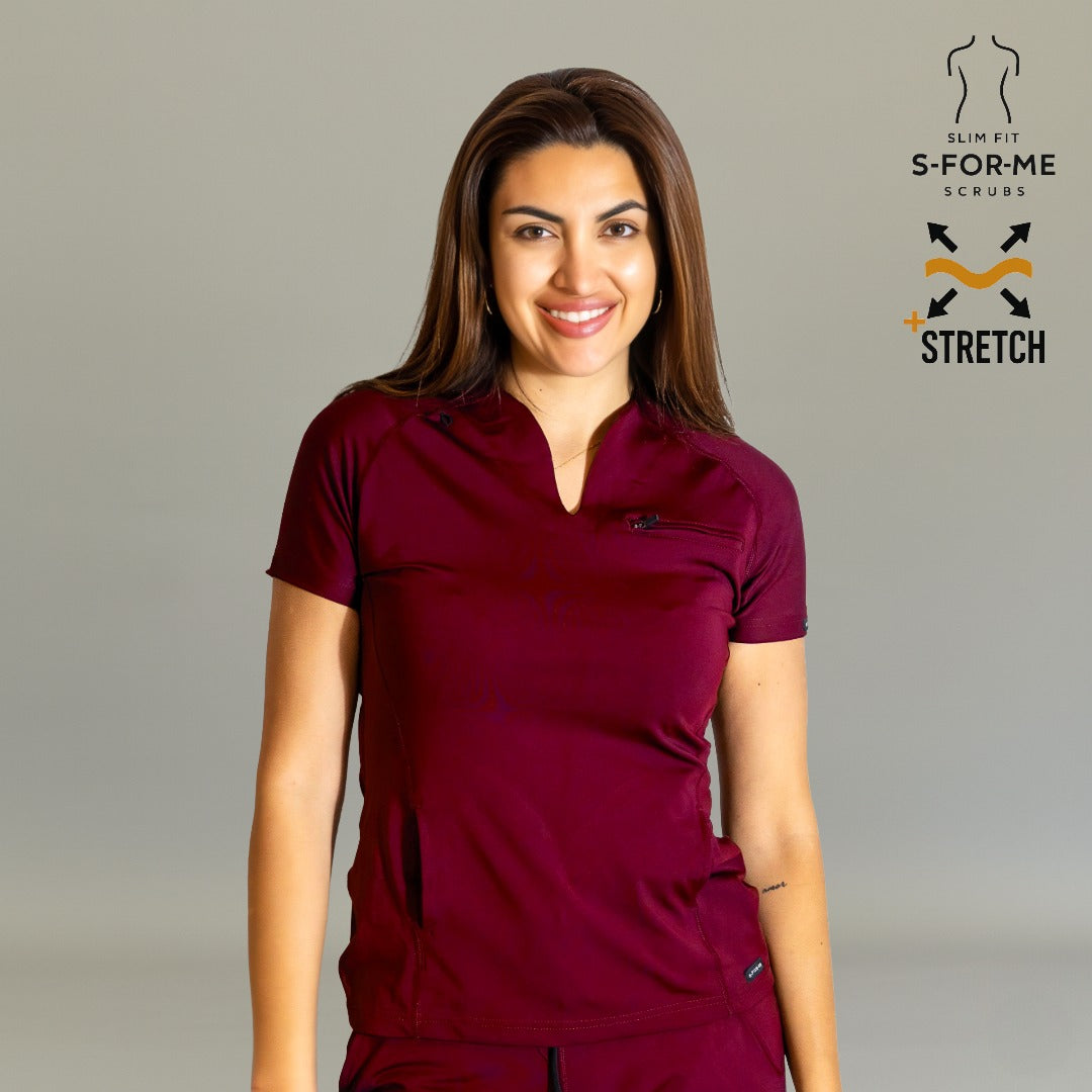 Women’s Top 915 Maroon Super Stretch V-neck scrub top for nurses and healthcare professionals