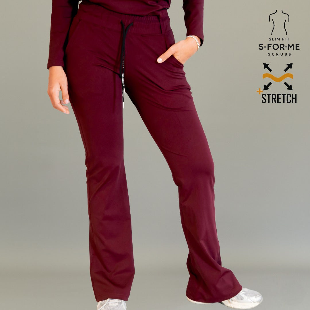 Women’s maroon flare scrub pants model 915 front angled view with pocket and adjustable drawstring