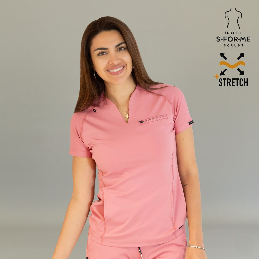 Mauve Rose women’s scrub top in a relaxed front pose showing short sleeves and professional fit