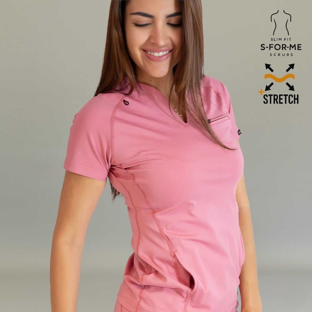 Angled torso view of Women’s 915 Mauve Rose Super Stretch scrub top with flexible fit