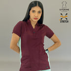 S-FORME Women's 930 Maroon/Brook Green scrub top with mandarin collar and pockets