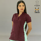 Women's Maroon/Brook Green two-tone medical scrub top in Super Stretch fabric