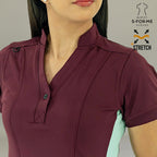 Detail of Maroon/Brook Green S-FORME 930 scrub top fabric and contrast trim