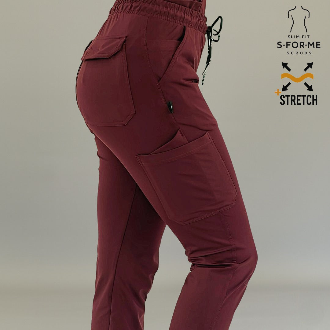 Women’s super stretch maroon scrub pants with tapered leg
