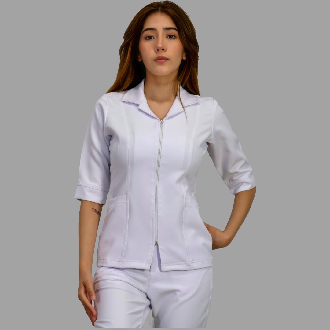 Womens Alviero white 3/4 sleeve zip scrub top with sport collar, front view - SFORME