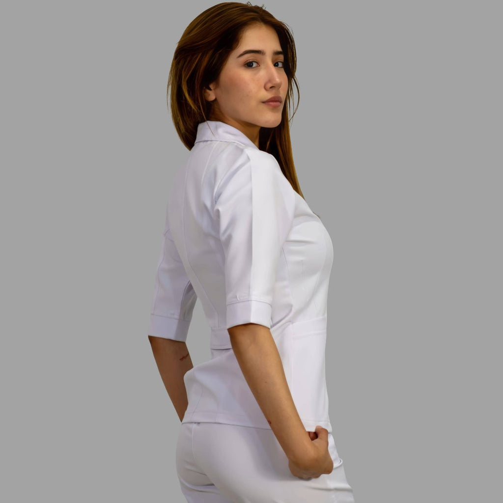 Women's Alviero White 3/4 Sleeve Zip Scrub Top