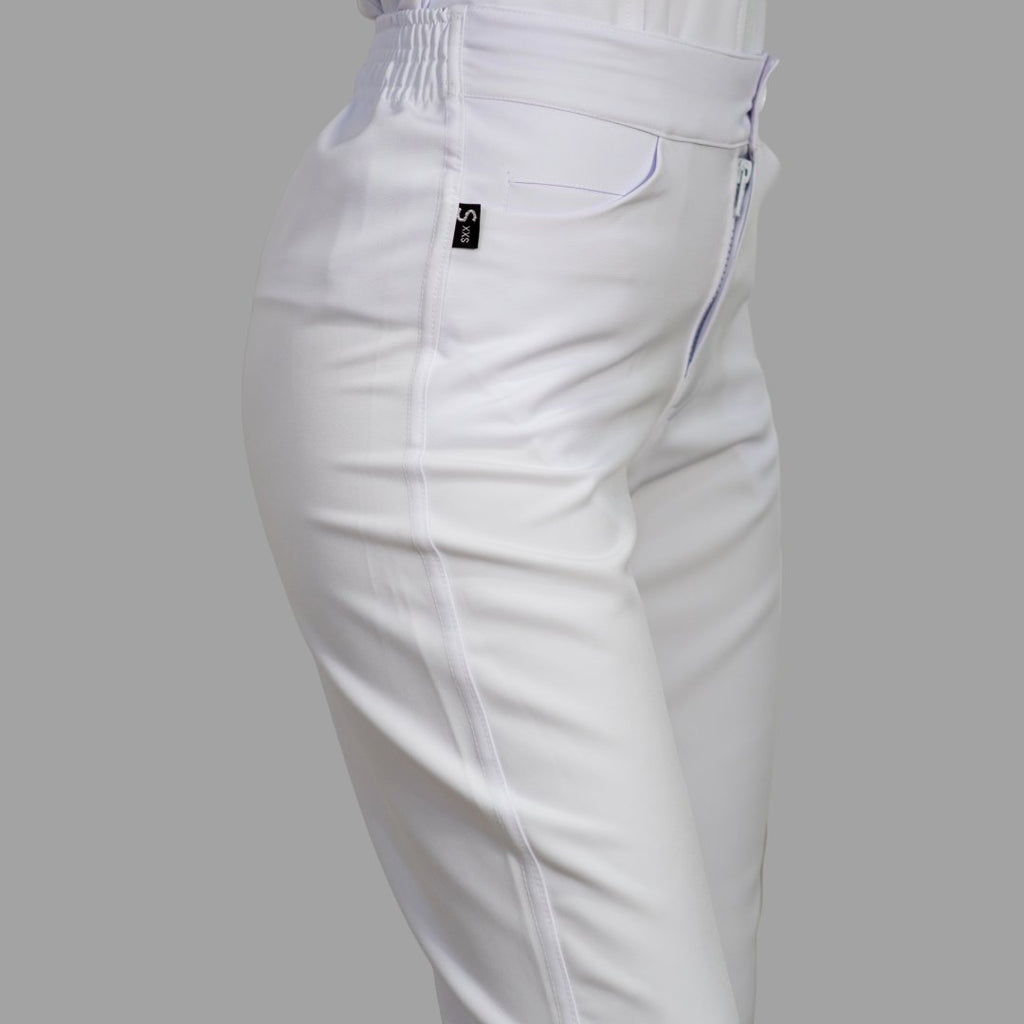 Women's white Alviero stretch scrub pants — additional angle showing fabric and silhouette