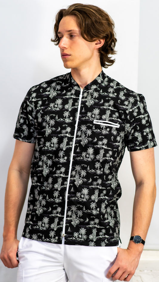 Men's Scrub Top Black Hawaiian, Mandarin Collar