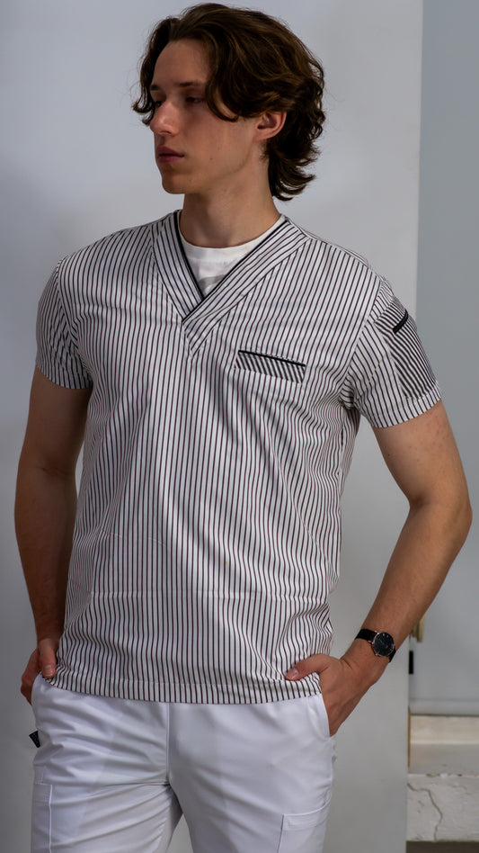 Men's Scrub Top Black-White Lines