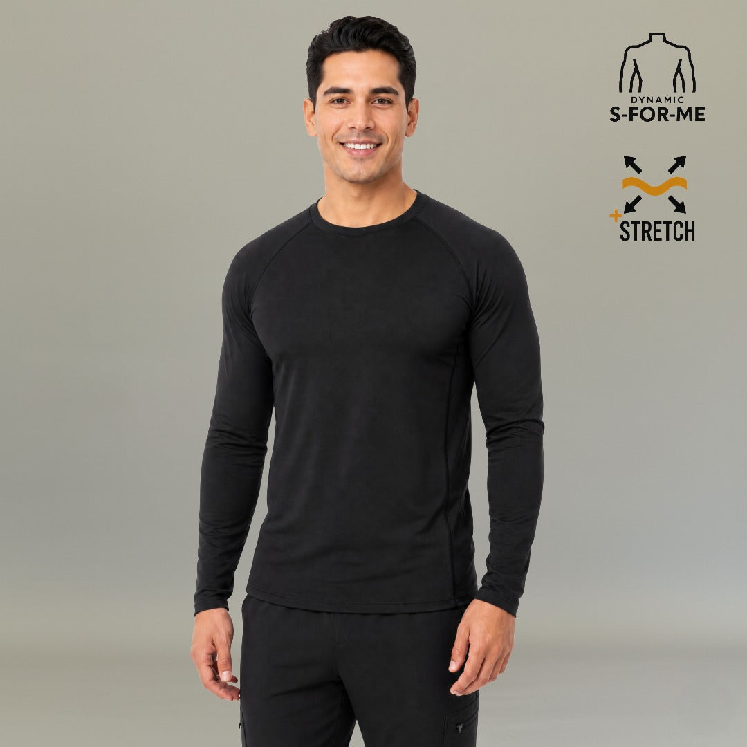 Full body front view of men's black long sleeve underscrub Super Stretch with black scrub pants — S-FOR-ME healthcare uniform