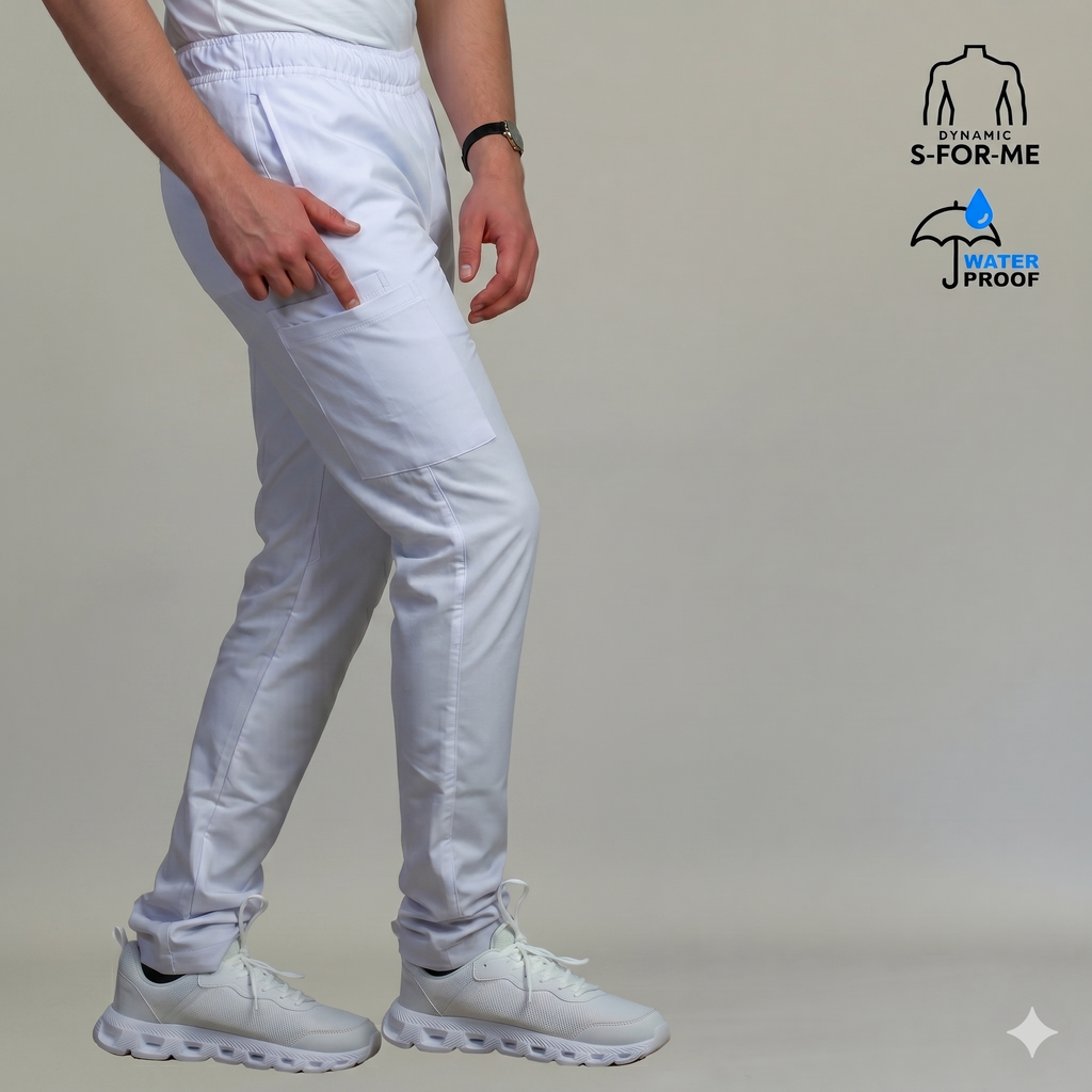 Mens Alviero white fluid-resistant five-pocket scrub pants detail - SFORME