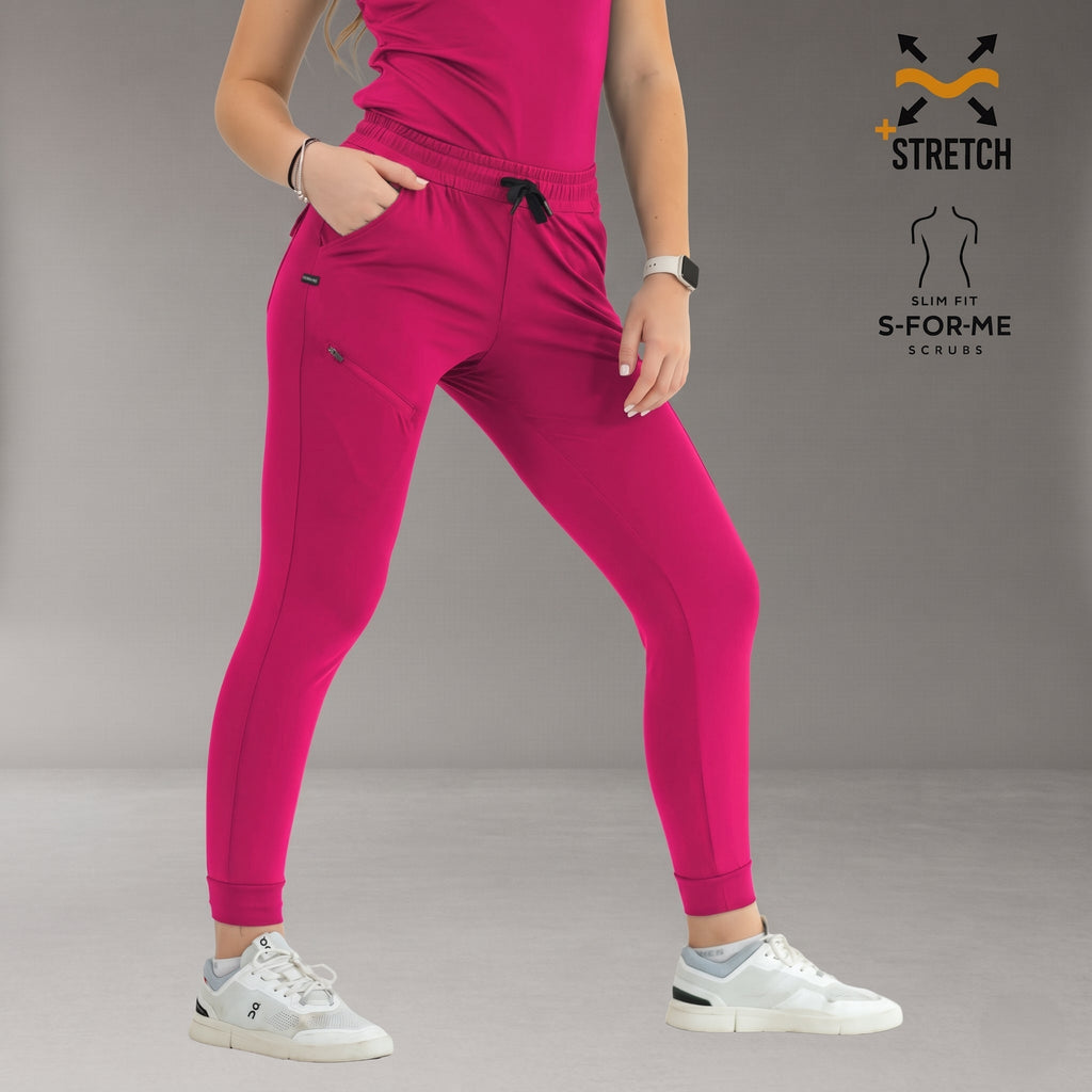 Women's Style 905 fuchsia jogger scrub pants, front view with drawstring waist and tapered leg