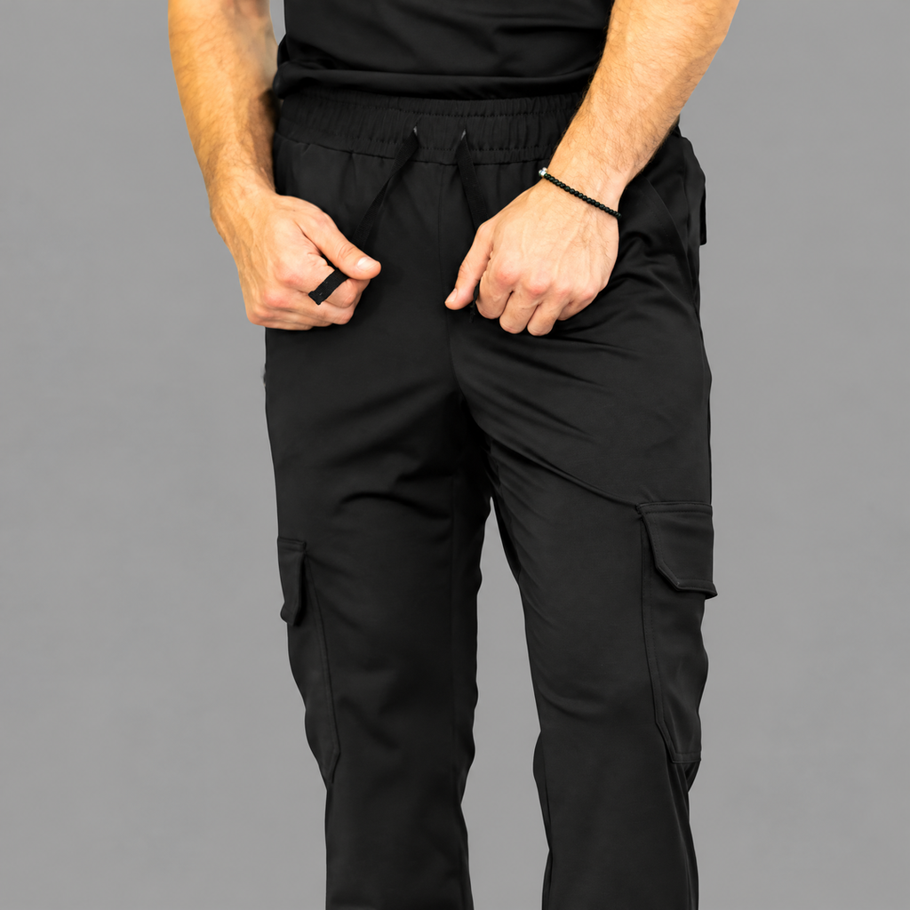 Men's Style 910 black scrub pants waistband and cargo pocket detail