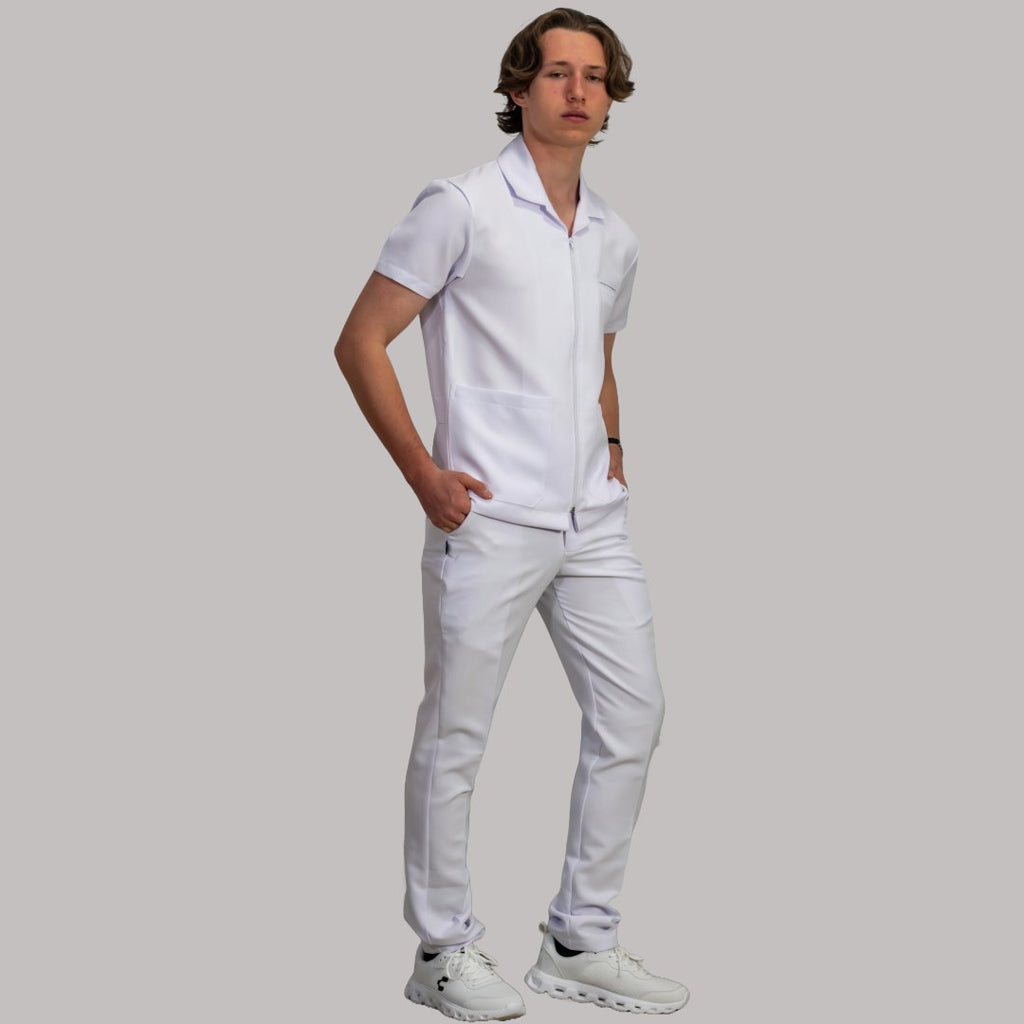 Mens Alviero white fluid-resistant zip scrub top worn with matching scrubs - SFORME