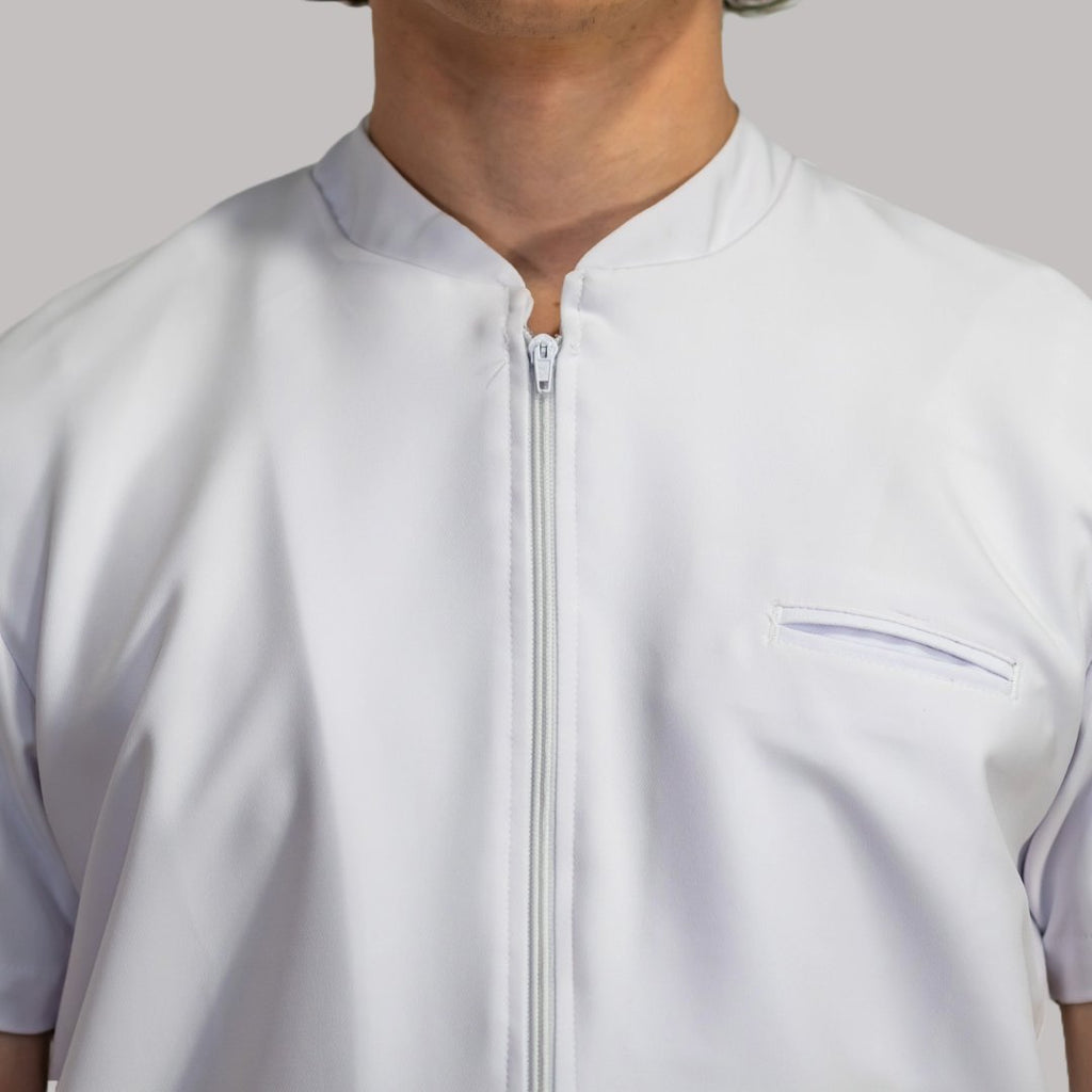 Mens white zip scrub top detail showing Mandarin collar and chest pocket - SFORME