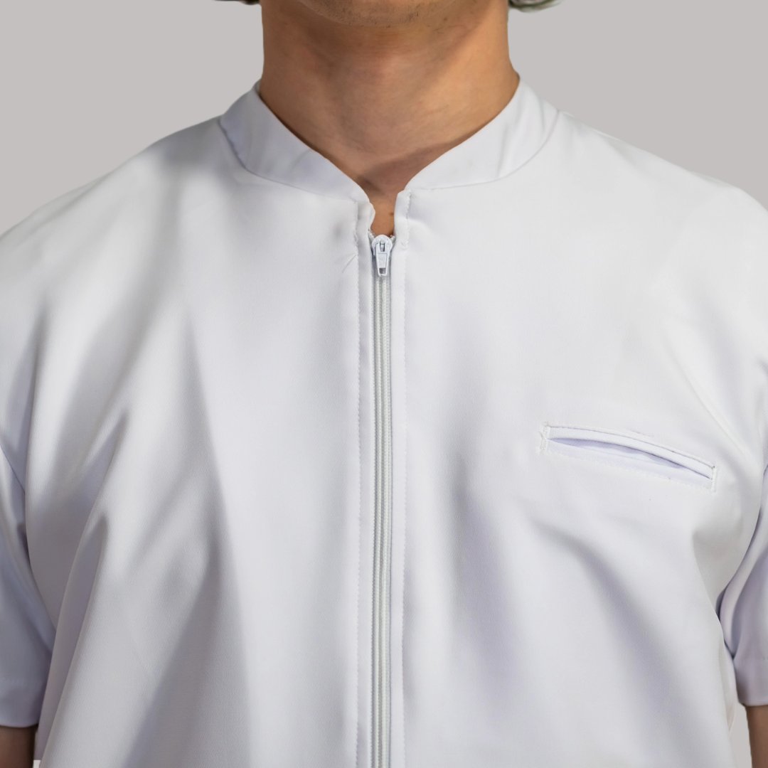Mens white zip scrub top detail showing Mandarin collar and chest pocket - SFORME