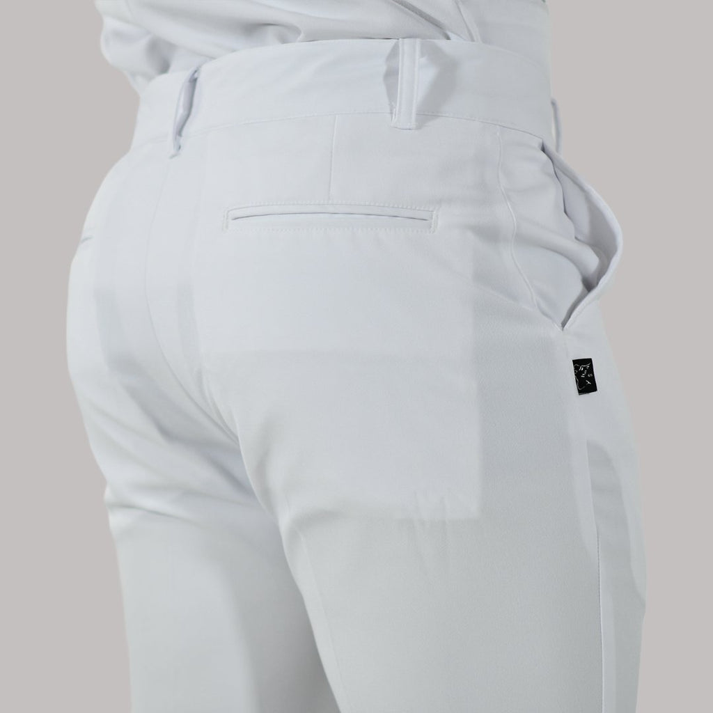 Rear detail of mens white Alviero scrub pants showing belt loops and welt pocket - SFORME