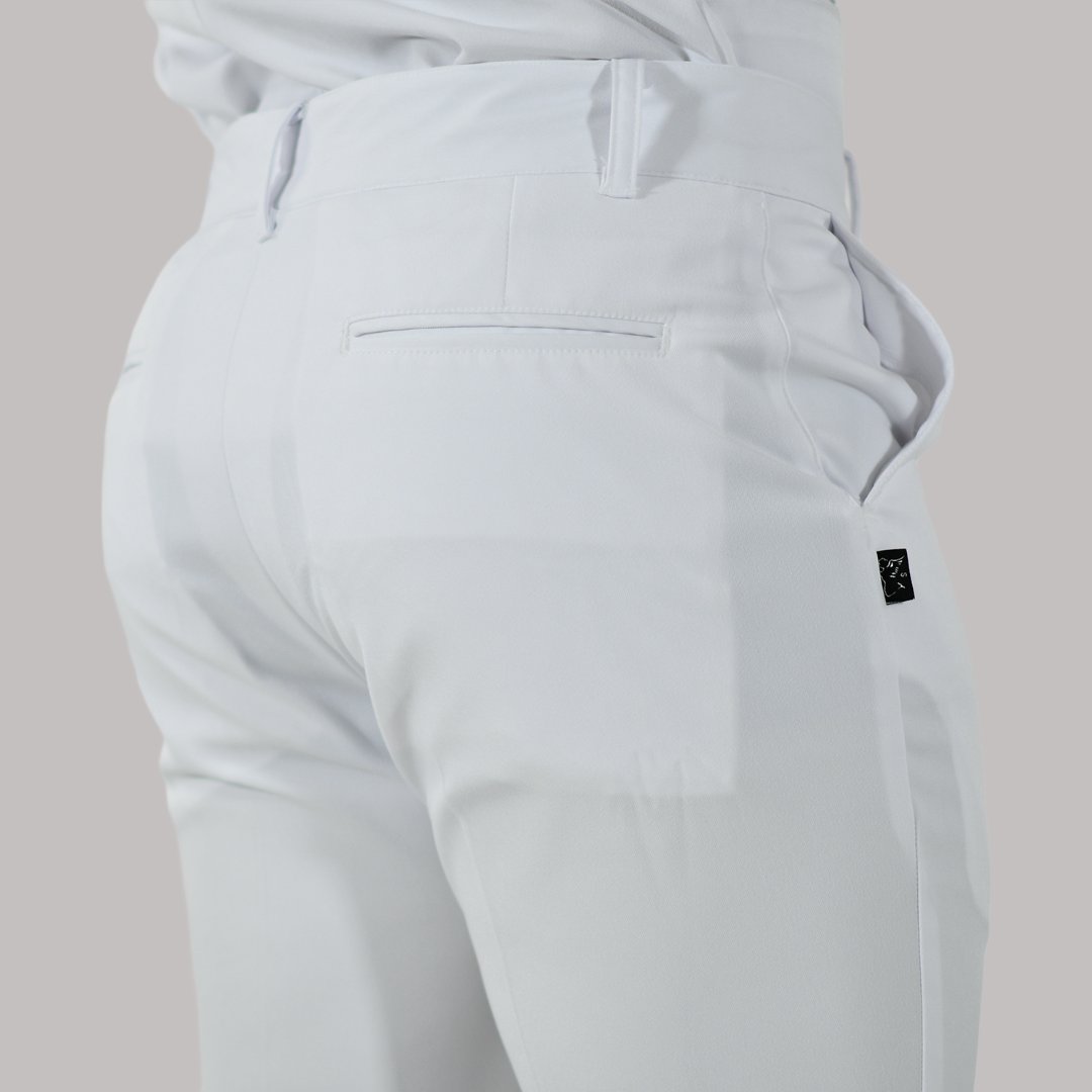 Rear detail of mens white Alviero scrub pants showing belt loops and welt pocket - SFORME
