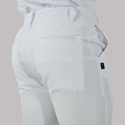 Rear detail of mens white Alviero scrub pants showing belt loops and welt pocket - SFORME