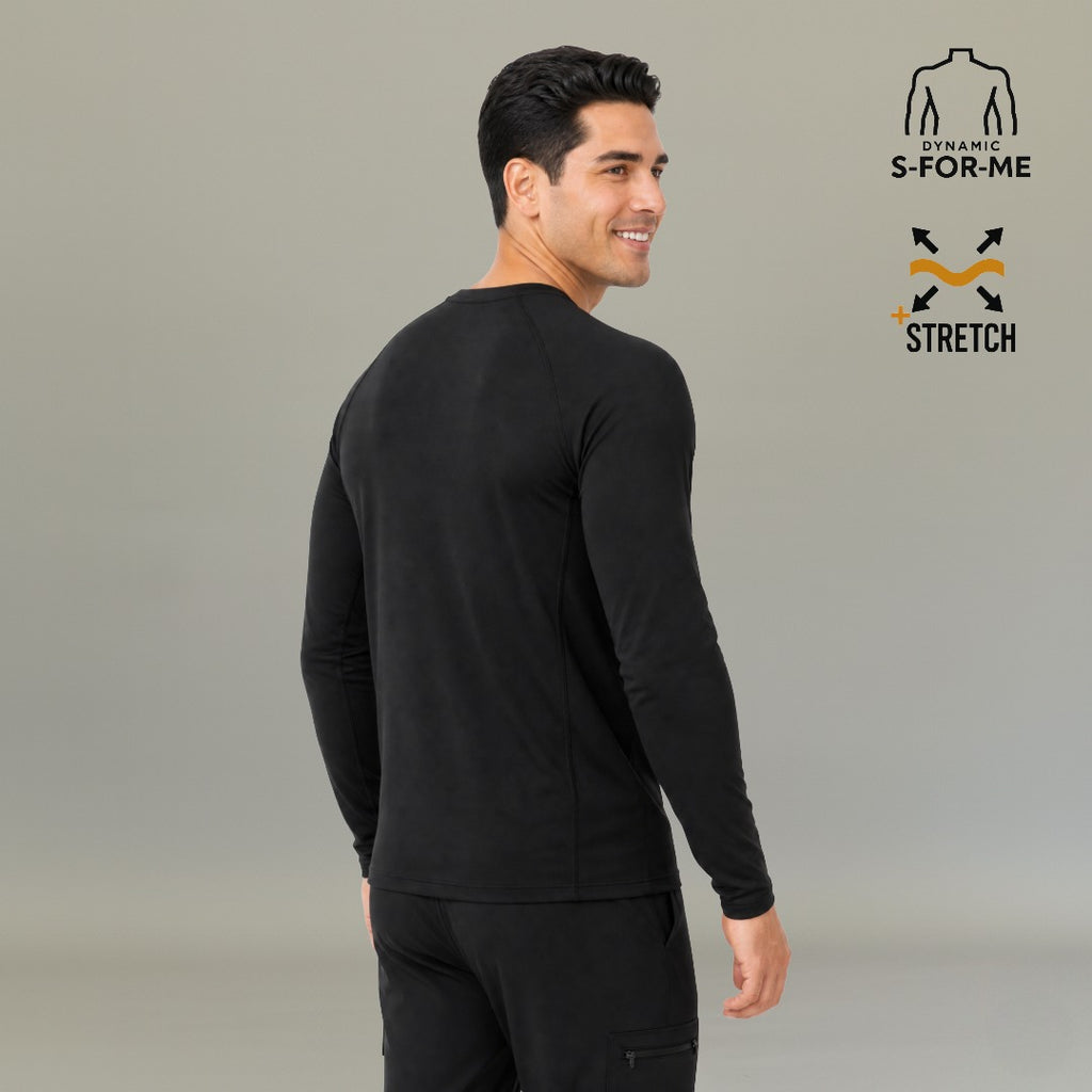 Back view of men's black long sleeve underscrub Super Stretch showing raglan sleeves and flat seams — S-FOR-ME medical base layer