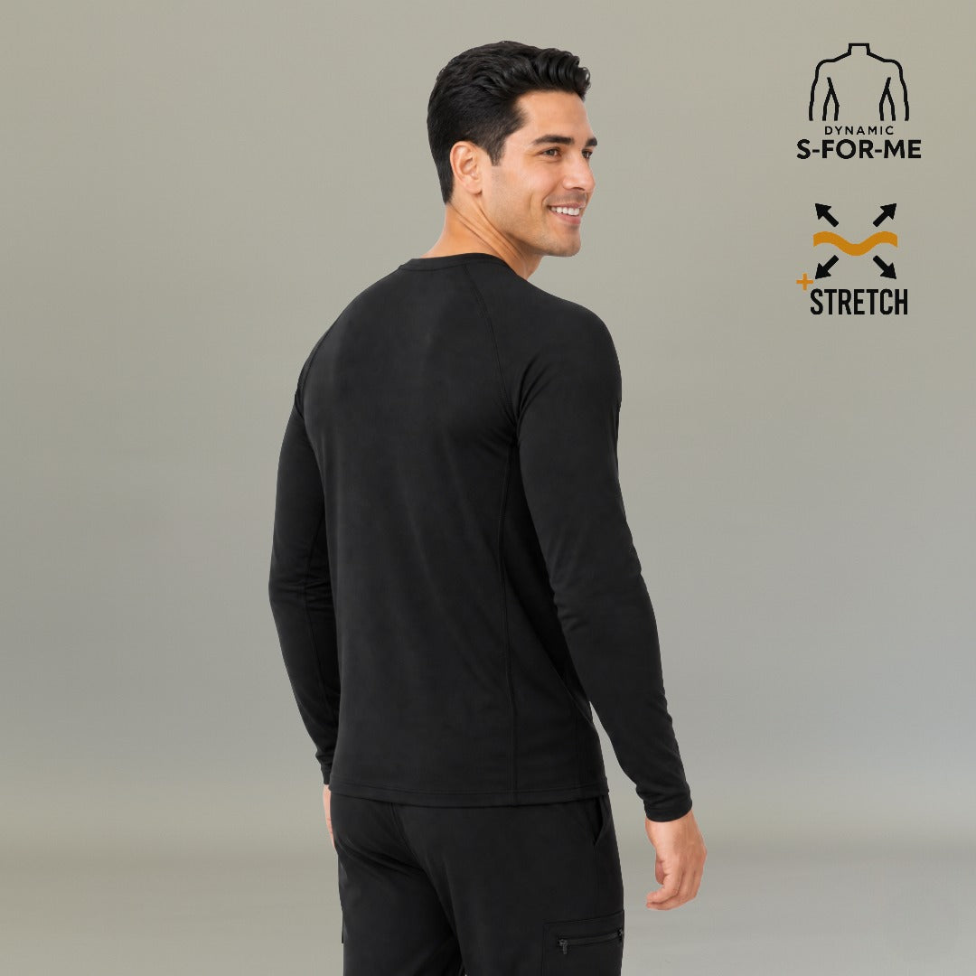 Back view of men's black long sleeve underscrub Super Stretch showing raglan sleeves and flat seams — S-FOR-ME medical base layer