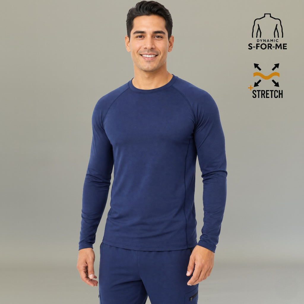 Full body front view of men's navy long sleeve underscrub Super Stretch with navy scrub pants — S-FOR-ME healthcare uniform