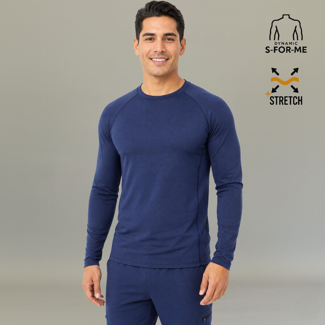 Full body front view of men's navy long sleeve underscrub Super Stretch with navy scrub pants — S-FOR-ME healthcare uniform