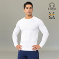 Men's white long sleeve underscrub Super Stretch front view with hands on hips — slim fit medical base layer by S-FOR-ME
