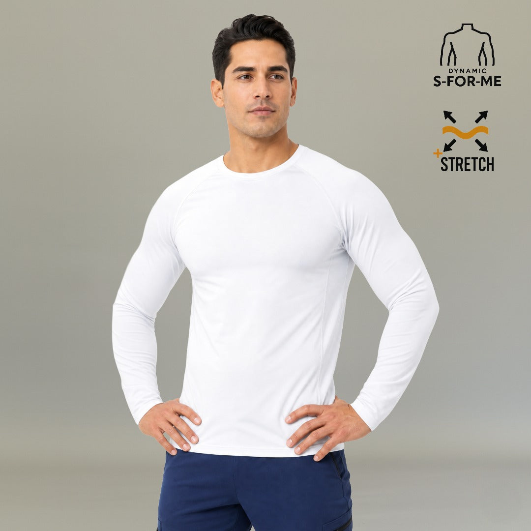 Men's white long sleeve underscrub Super Stretch front view with hands on hips — slim fit medical base layer by S-FOR-ME