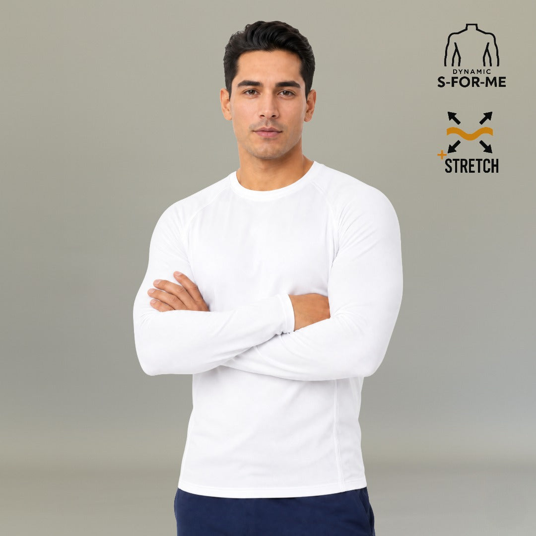 Men's white long sleeve underscrub Super Stretch front view with arms crossed — S-FOR-ME medical uniform base layer