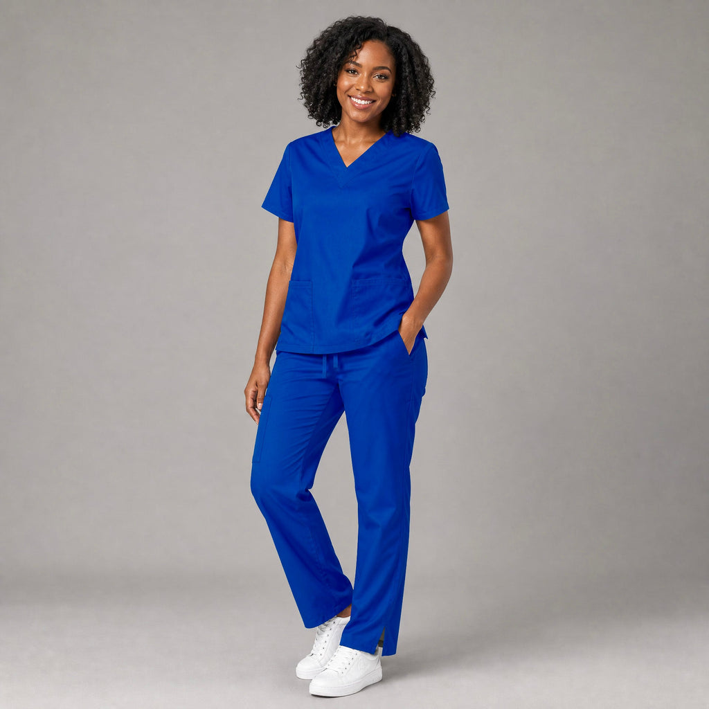Filipina azul eléctrico 502 quirúrgica para mujer, vista de cuerpo entero.