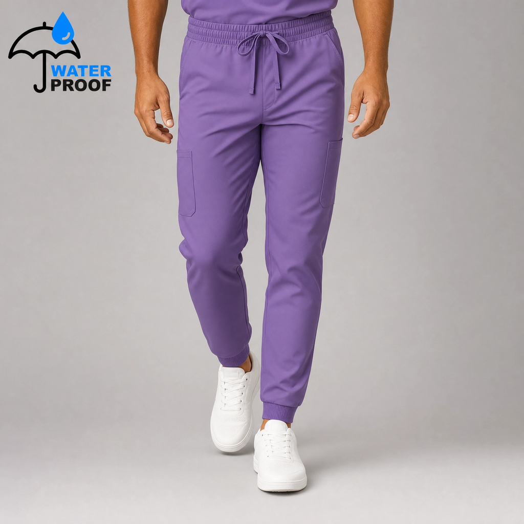 Front view of mens lilac 501 jogger scrub pants with drawstring waist, cargo pockets and cuffed ankles - SFORME