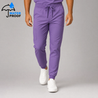 Front view of mens lilac 501 jogger scrub pants with drawstring waist, cargo pockets and cuffed ankles - SFORME