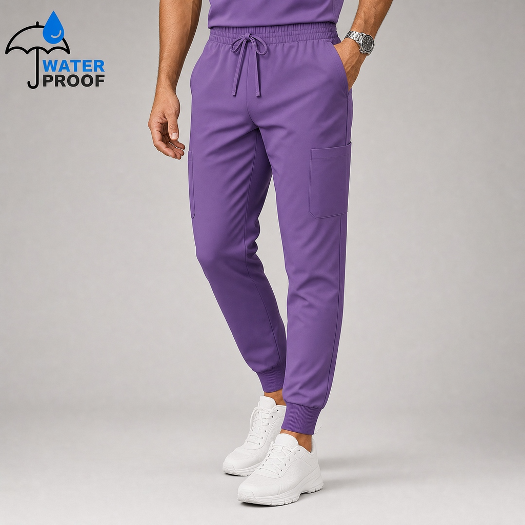 Mens 501 lilac jogger scrub pants with drawstring waist, cargo pocket and ankle cuffs, angled front view - SFORME