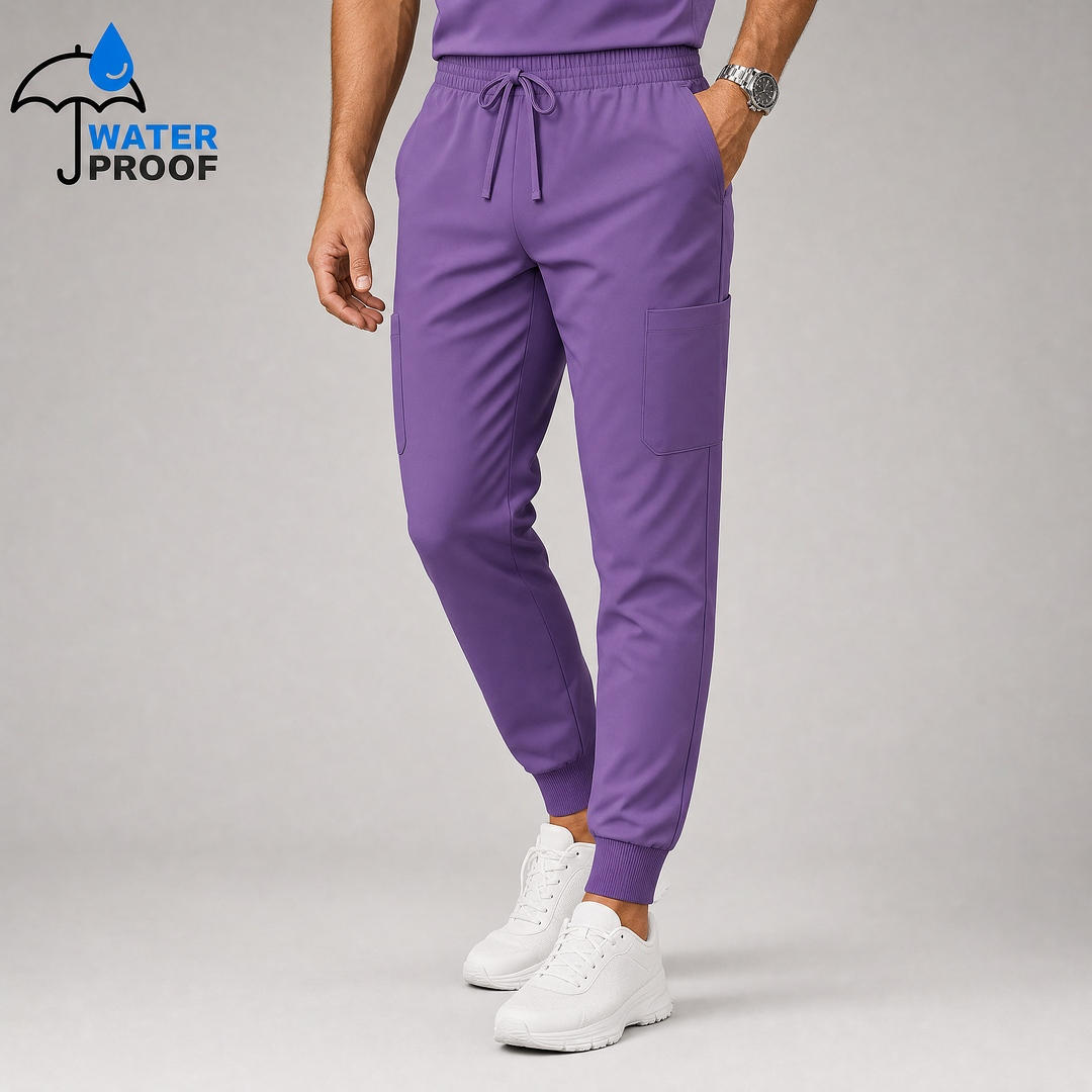 Mens 501 lilac jogger scrub pants with drawstring waist, cargo pocket and ankle cuffs, angled front view - SFORME