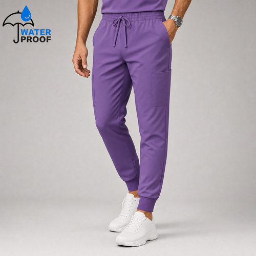 Mens 501 lilac jogger scrub pants with drawstring waist, cargo pocket and ankle cuffs, angled front view - SFORME