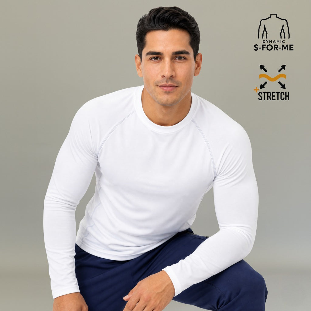 Men's white long sleeve underscrub Super Stretch seated pose showing slim athletic fit — S-FOR-ME healthcare base layer