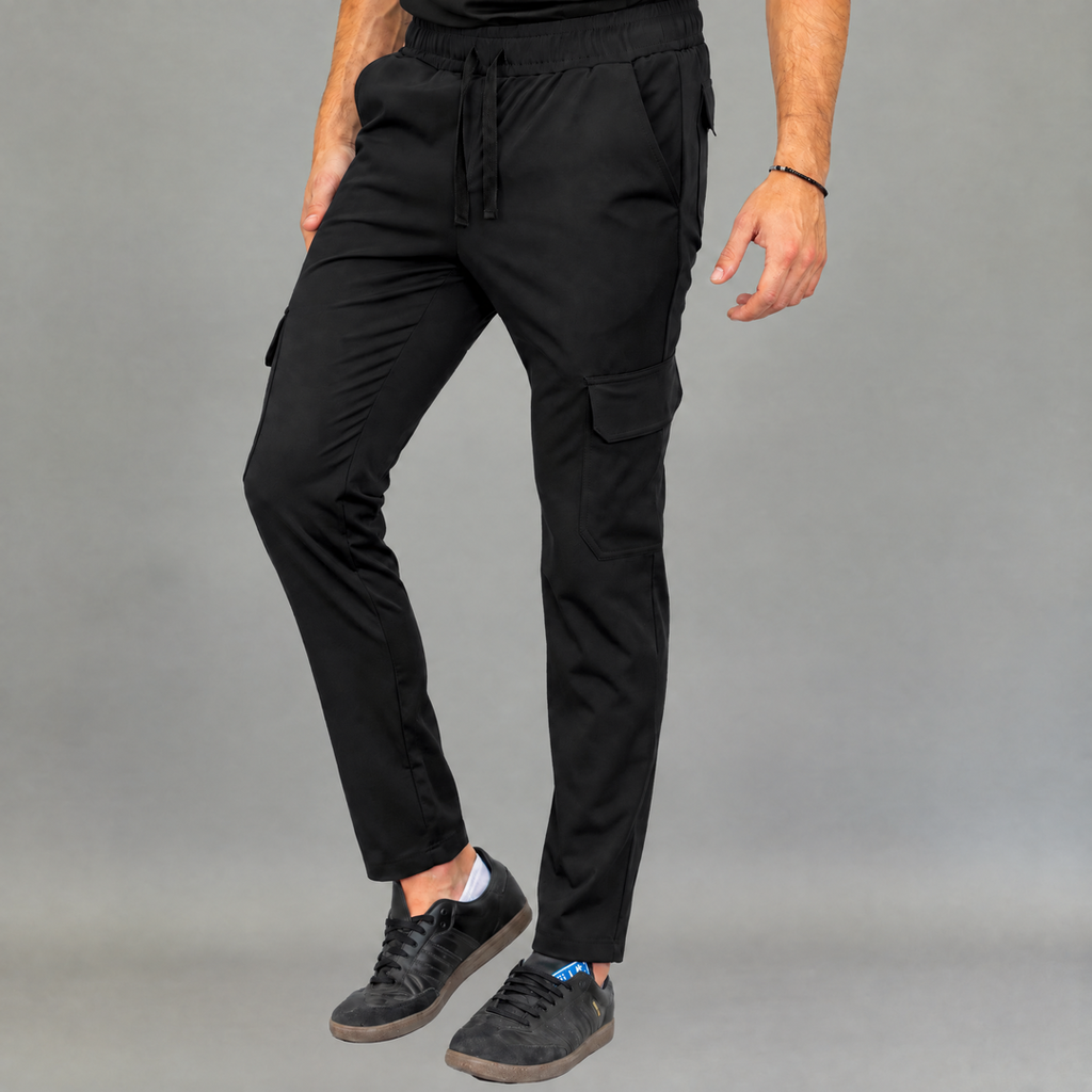Men's Style 910 black straight-leg scrub pants three-quarter view