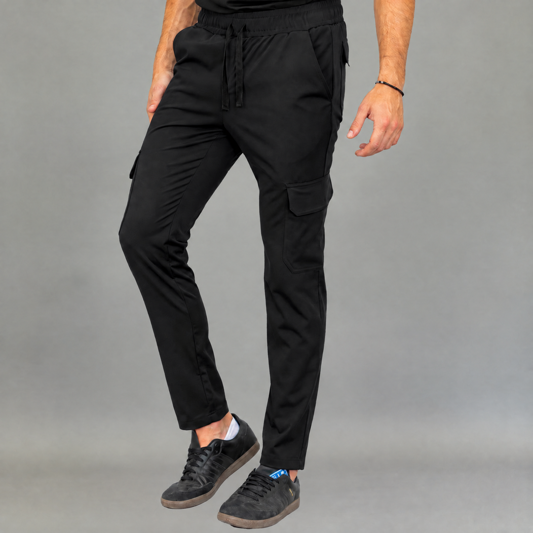 Men's Style 910 black straight-leg scrub pants three-quarter view