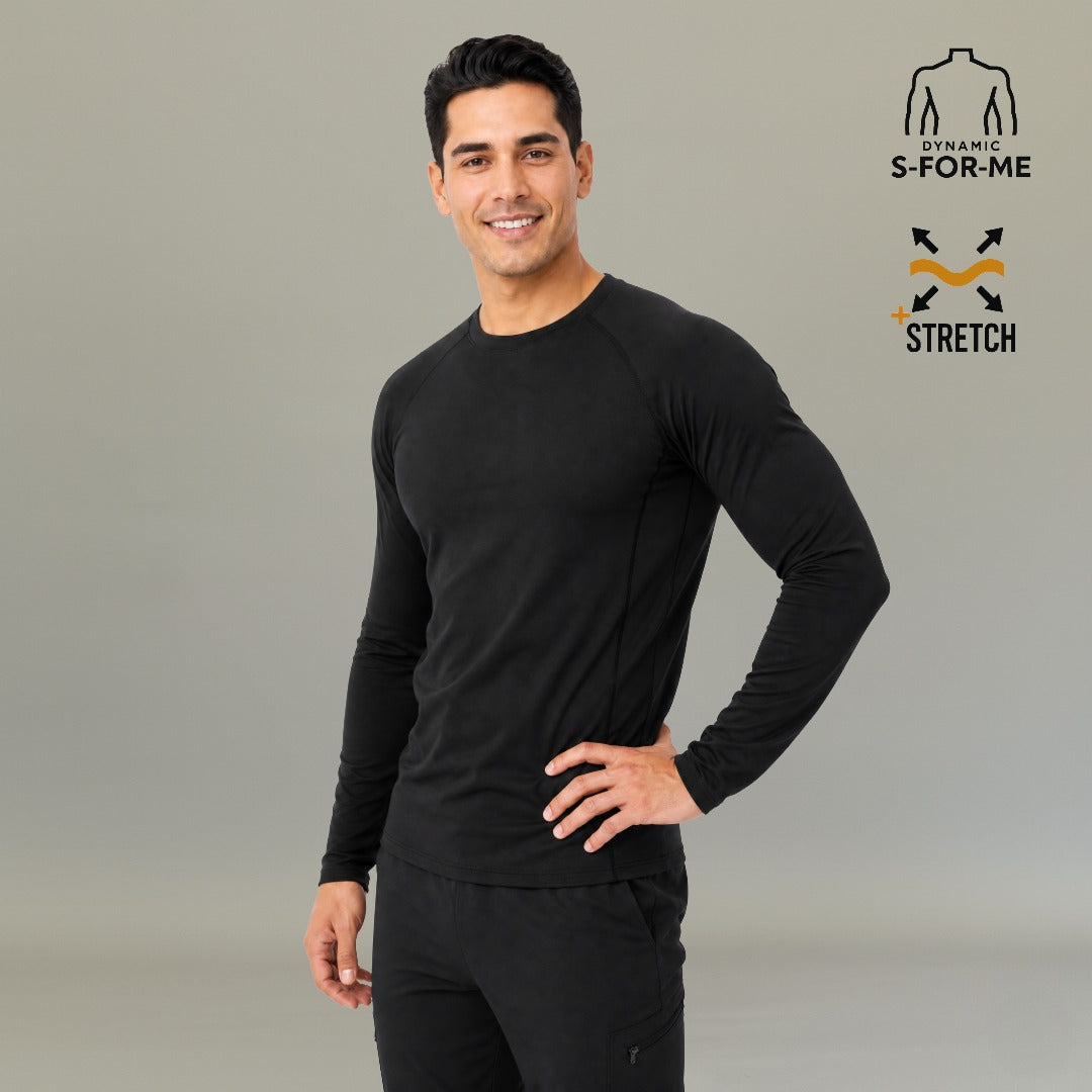 Men's black long sleeve underscrub Super Stretch front view with hand on hip — slim fit base layer for medical professionals by S-FOR-ME